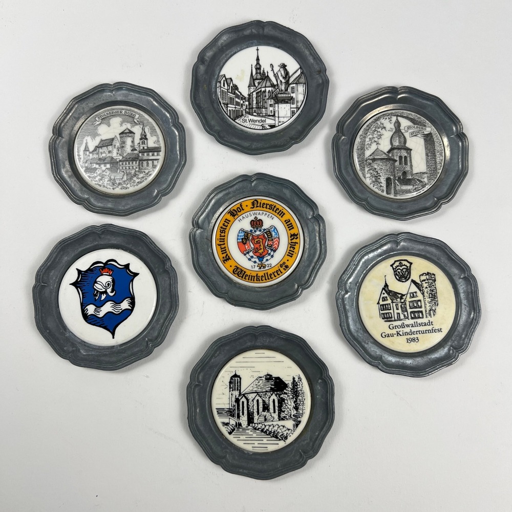 Vintage German Souvenir Mini Wall Plates Set 7 Pewter Ceramic Heraldic Decor